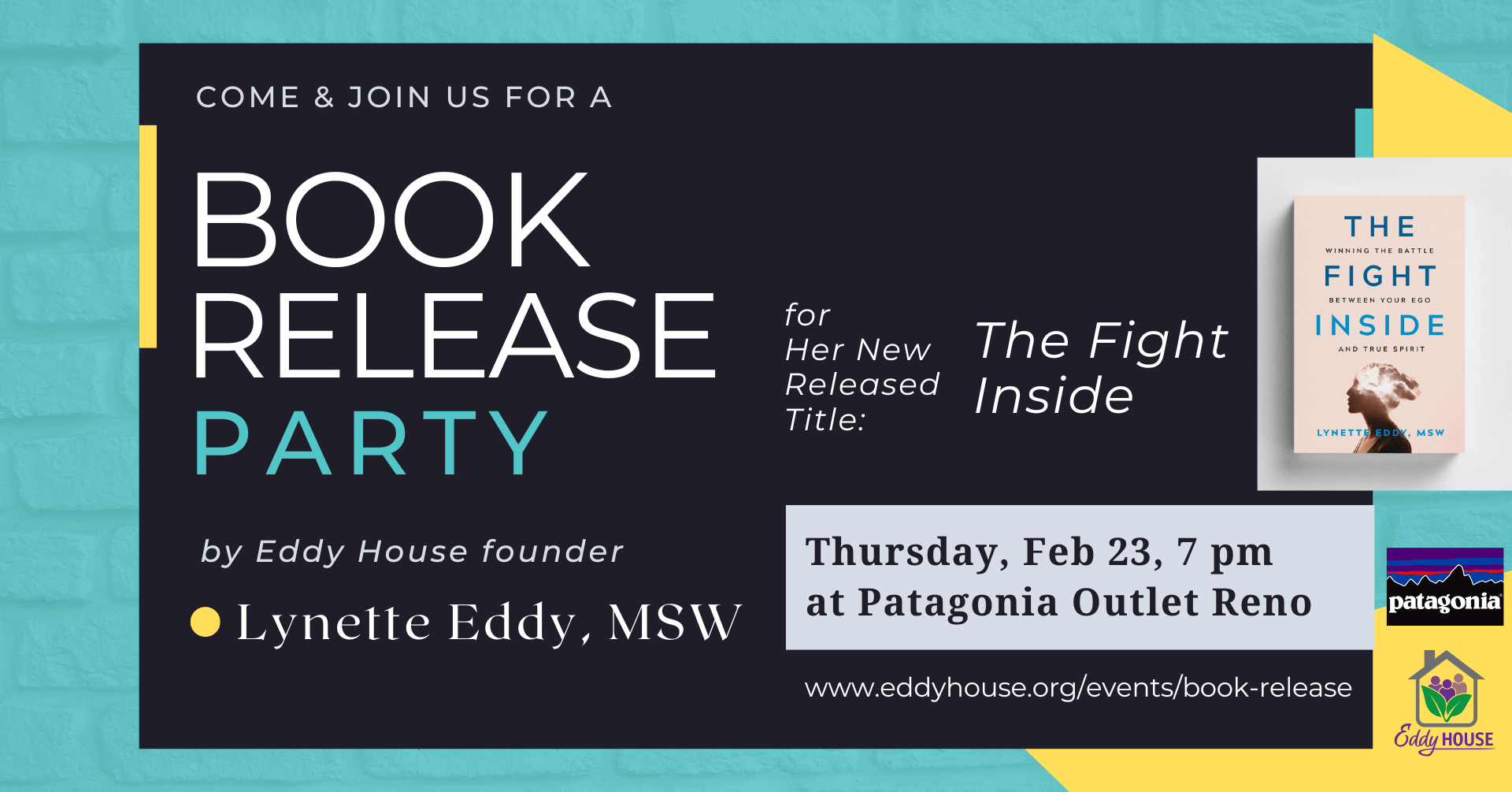 Banner advertising book release party on February 23rd, 2023 at 7 pm at the Patagonia Outlet.