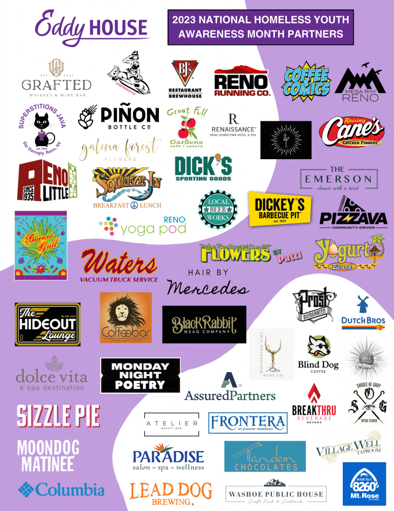 Graphic showing logos for over 50 local businesses who are supporting Eddy House in November.