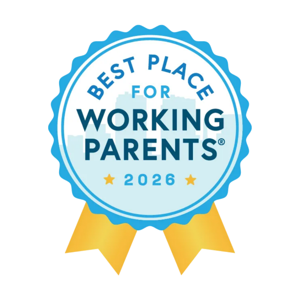 Best Place for Working Parents 2026 award badge with blue circular seal and gold ribbon accents.