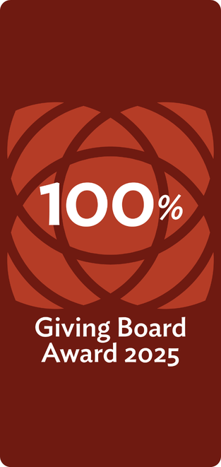 Dark red graphic with a stylized flower emblem and the words “100% Giving Board Award 2025.”