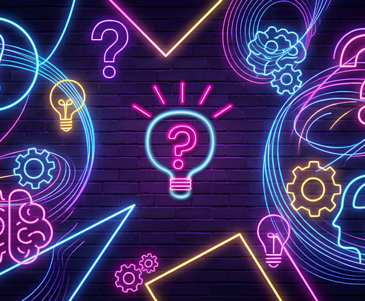 Colorful neon question marks, light bulbs, and gears on a dark brick wall promoting Eddy House Charity Trivia at Black Rabbit Mead Co.