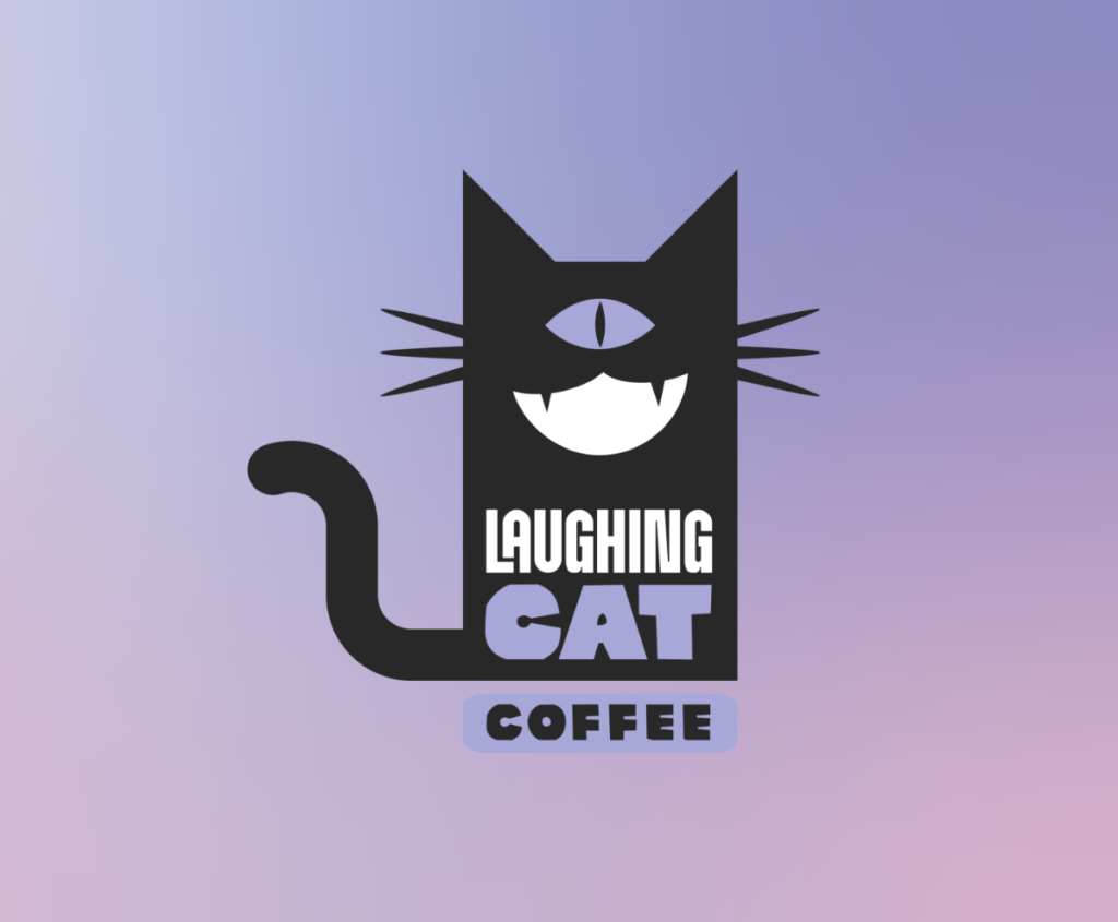 aughing Cat Coffee logo featuring a stylized black cat with an eye on its forehead and a wide grin, set against a soft purple gradient background.