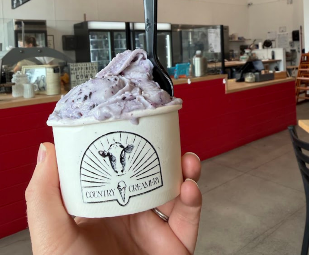 Hand holding a cup of ice cream inside Country Creamery, with the shop counter visible in the background.