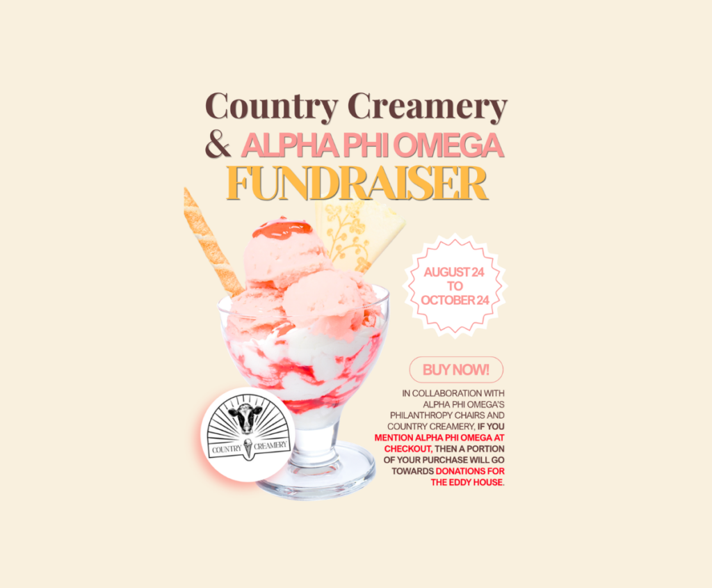 Country Creamery and Alpha Phi Omega fundraiser for Eddy House, featuring ice cream and promotion dates from August 24 through October 24.